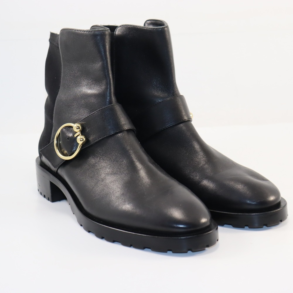 Stuart‎ Weitzman Ankle Boots Women 9.5 Narrow Black Leather Gold Buckle Lug Sole